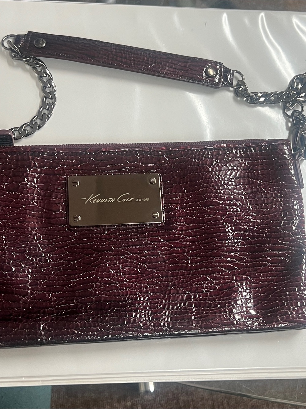 Kenneth Cole New York Croc-Embossed Burgundy Chain Shoulder Bag